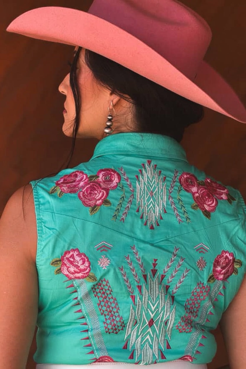 Turquoise Embroidered Western Snap Shirt Dress