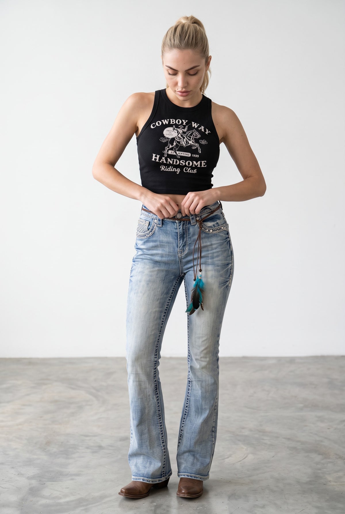 Front waistband and pocket detail of Western Blue W263 light wash embroidered bootcut jeans