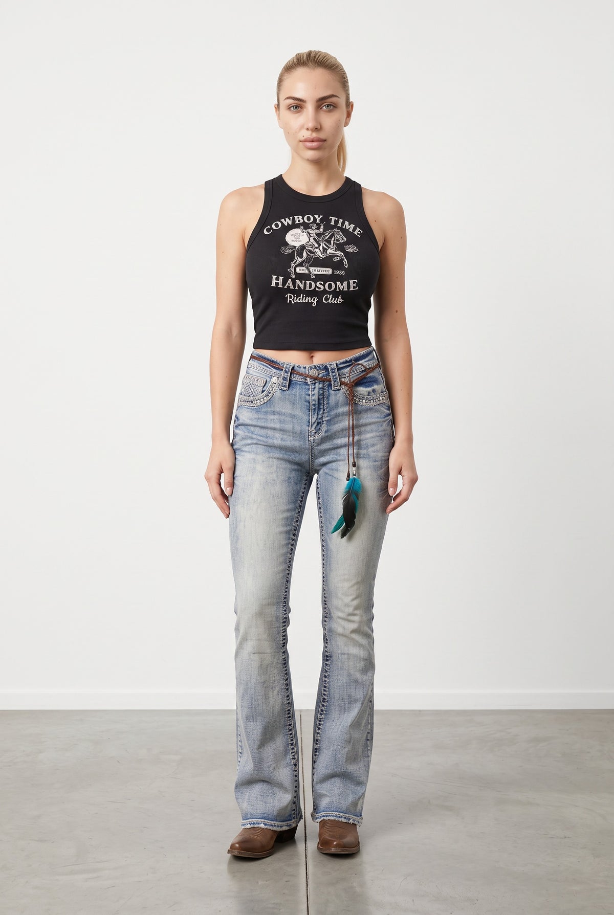 Front view of Western Blue W263 light wash mid-rise bootcut jeans with rhinestone-embroidered pockets