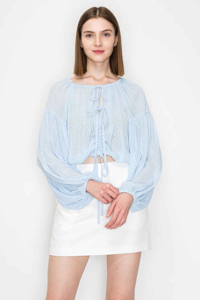 Long sleeve dots jacquard chiffon blouse top - Vella Moda