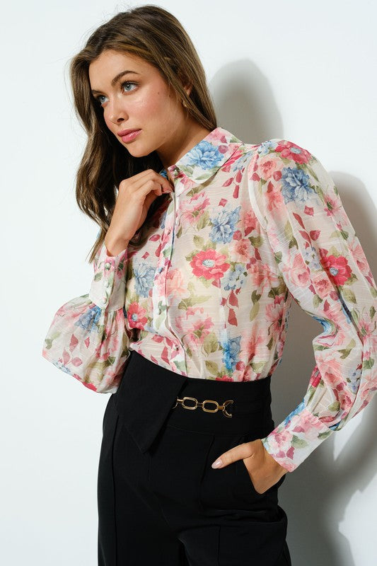 Long Puff Sleeve Floral Print Blouse Top - Vella Moda