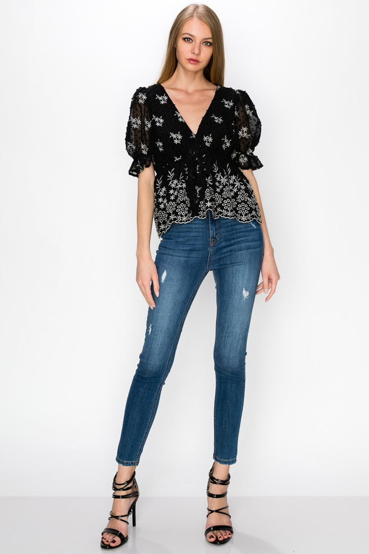V Neck Puff Short Sleeve Embroidery Top With Self Tie Bow - Vella Moda