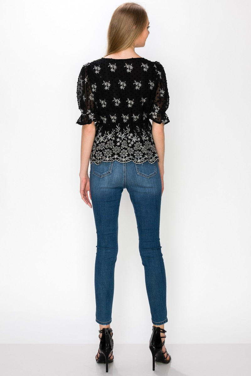 V Neck Puff Short Sleeve Embroidery Top With Self Tie Bow - Vella Moda