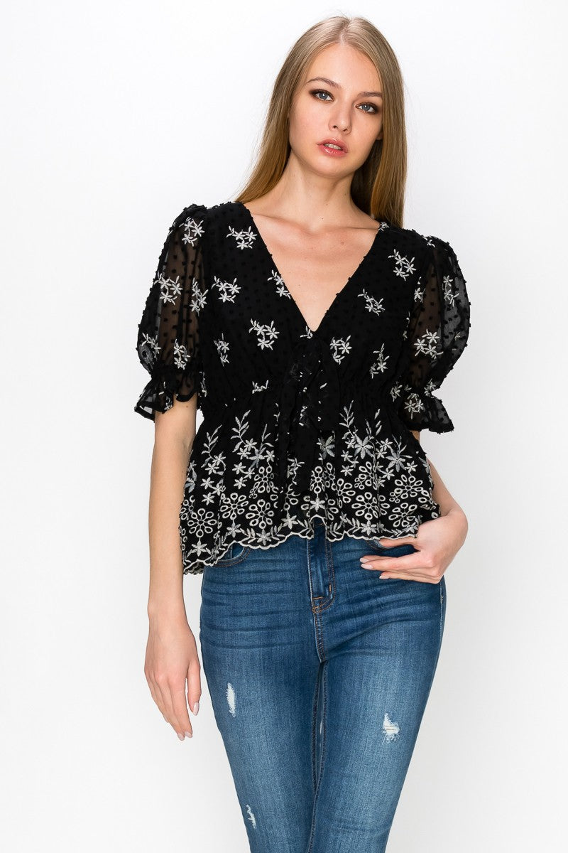 V Neck Puff Short Sleeve Embroidery Top With Self Tie Bow - Vella Moda