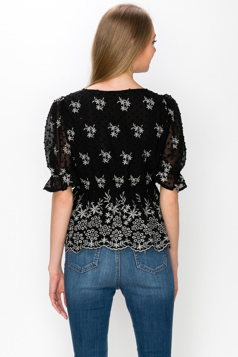 V Neck Puff Short Sleeve Embroidery Top With Self Tie Bow - Vella Moda