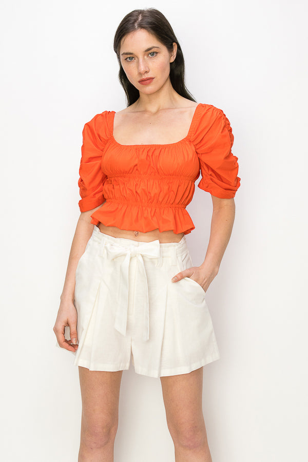 Cotton Square neck puff sleeve smocked crop top - Vella Moda