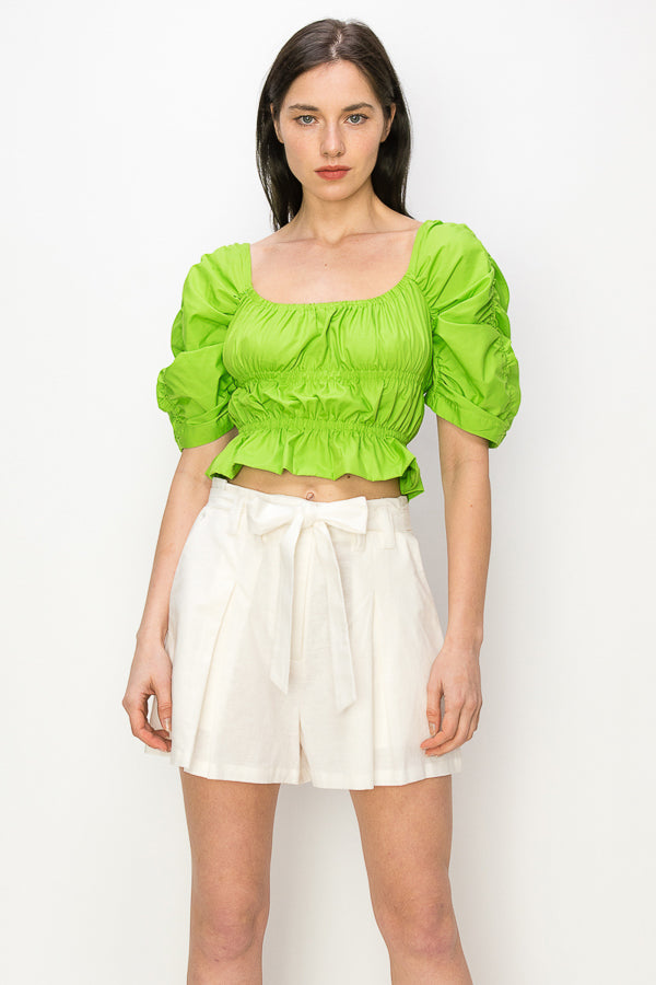 Cotton Square neck puff sleeve smocked crop top - Vella Moda
