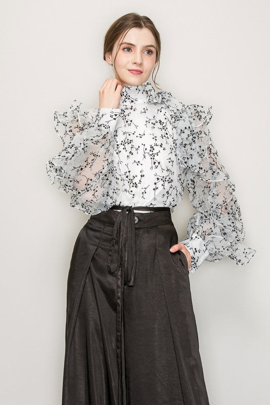 High Neck Long Sleeve Floral Print Frilled Blouse - Vella Moda