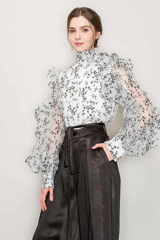 High Neck Long Sleeve Floral Print Frilled Blouse - Vella Moda
