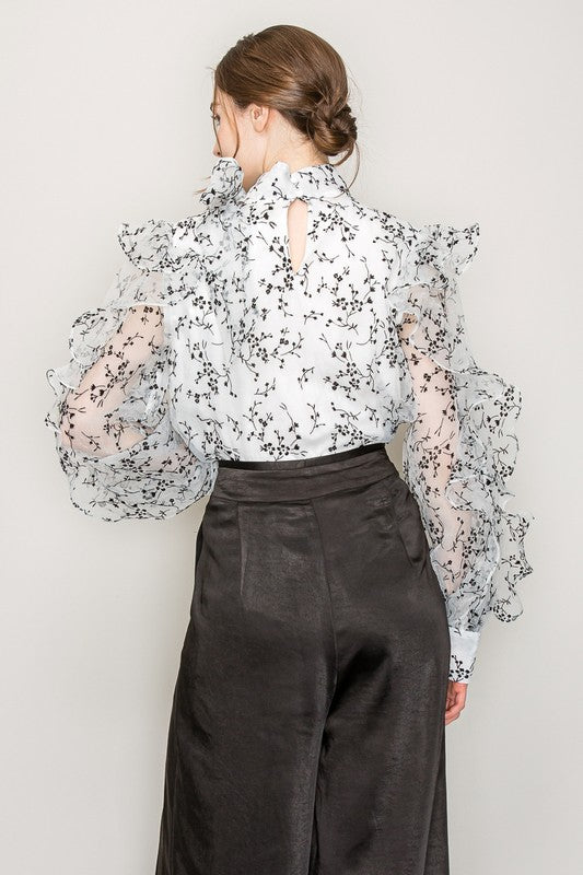 High Neck Long Sleeve Floral Print Frilled Blouse - Vella Moda