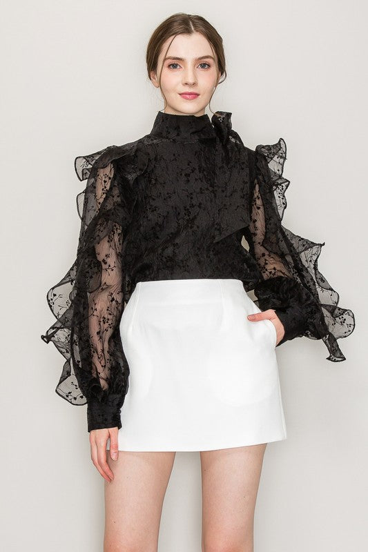 High Neck Long Sleeve Floral Print Frilled Blouse - Vella Moda