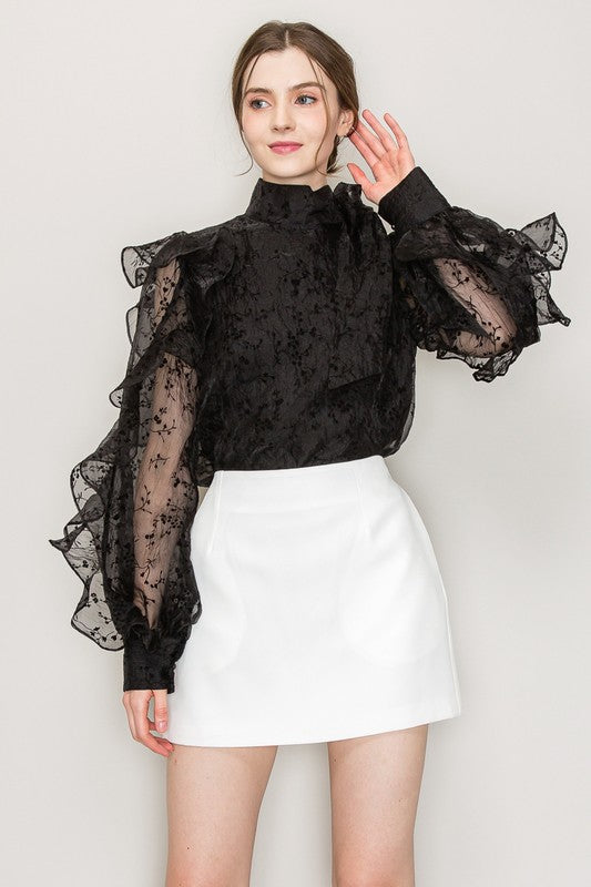 High Neck Long Sleeve Floral Print Frilled Blouse - Vella Moda