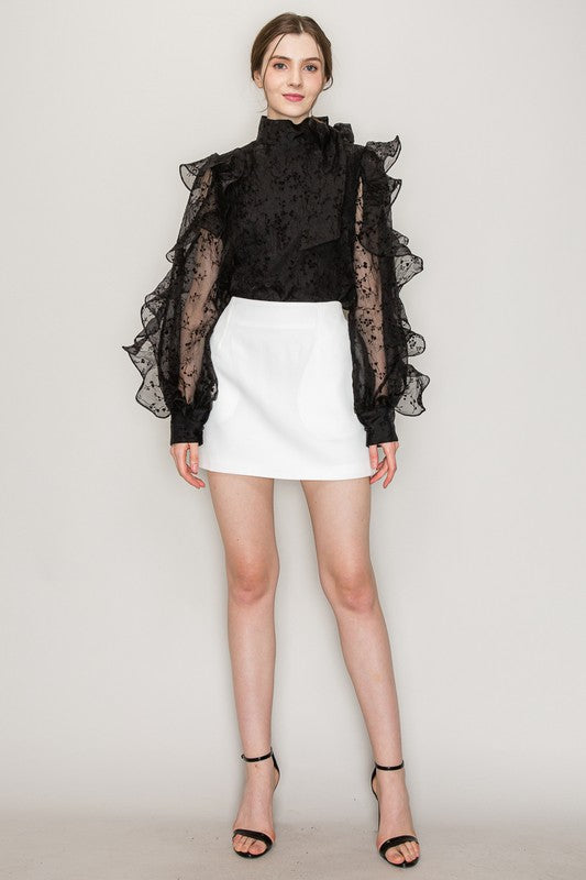 High Neck Long Sleeve Floral Print Frilled Blouse - Vella Moda