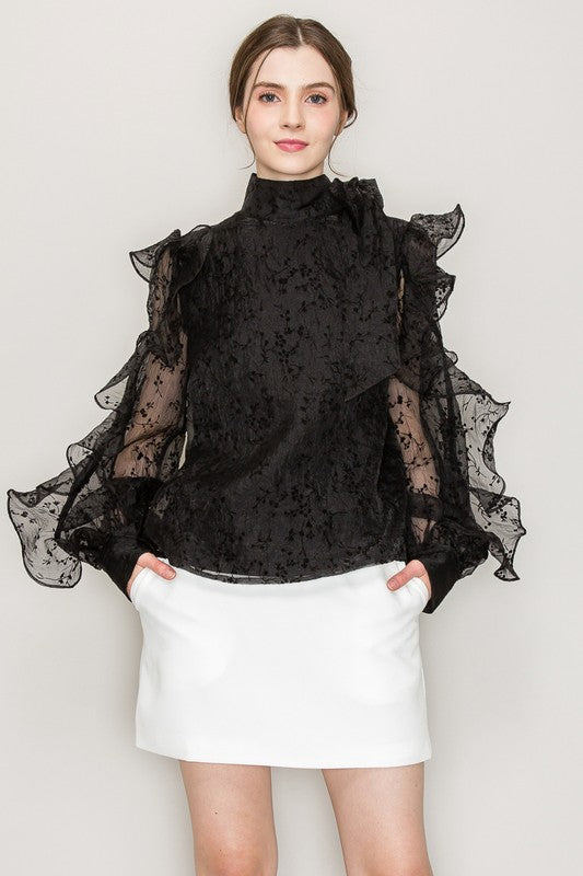 High Neck Long Sleeve Floral Print Frilled Blouse - Vella Moda