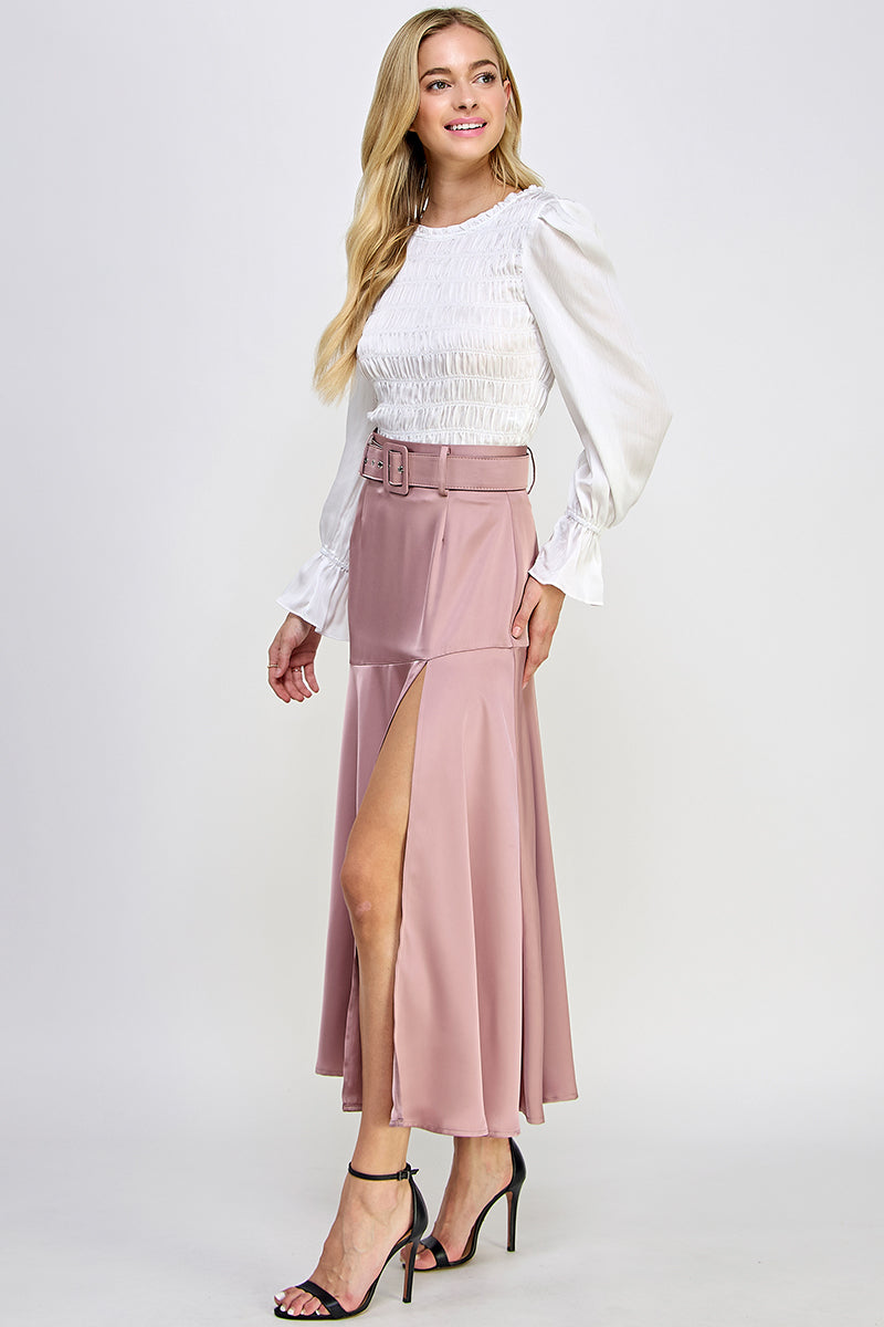 Round Neck Long Balloon Sleeve Smocking Satin Top - Vella Moda