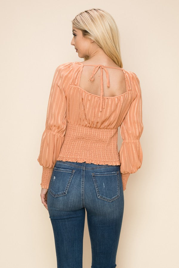 Square Neck Long Sleeve Waist Smocking Stripe Satin Top - Vella Moda