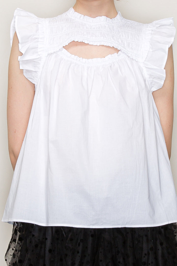 INA cut-out top with flutter sleeves, stylish women's short sleeve blouse with a modern cut-out design, perfect for casual wear.