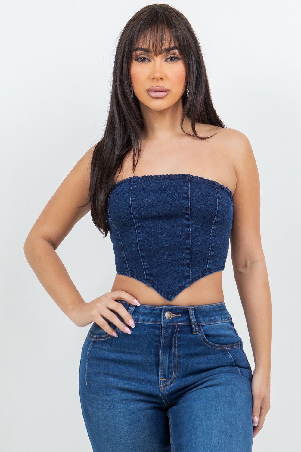 Dark Indigo V-Hem Denim Corset Top