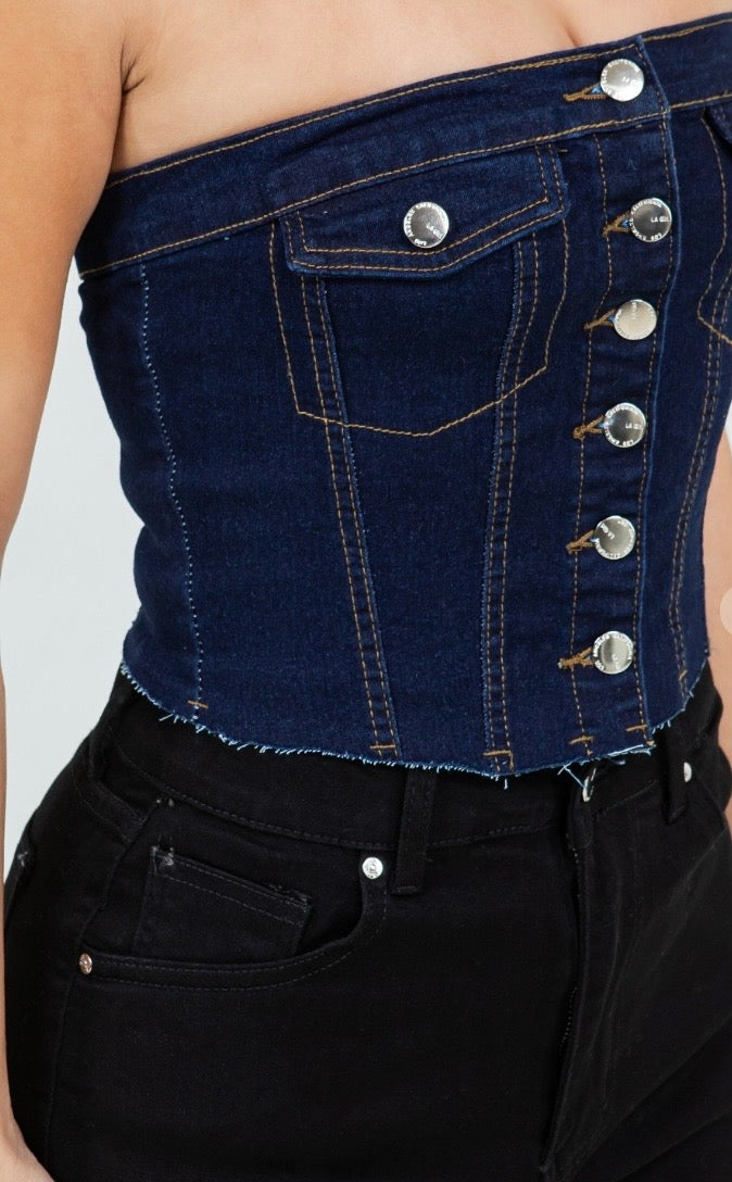 LA Girl denim corset top in strapless bustier style, featuring fitted denim fabric and a sleek, modern design.