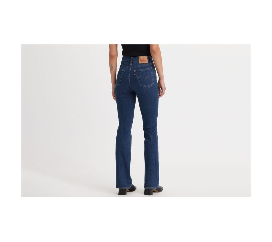 Levi's 725 high-rise boot cut jeans, denim pants with a classic fit, shown in dark wash with front and back pockets.