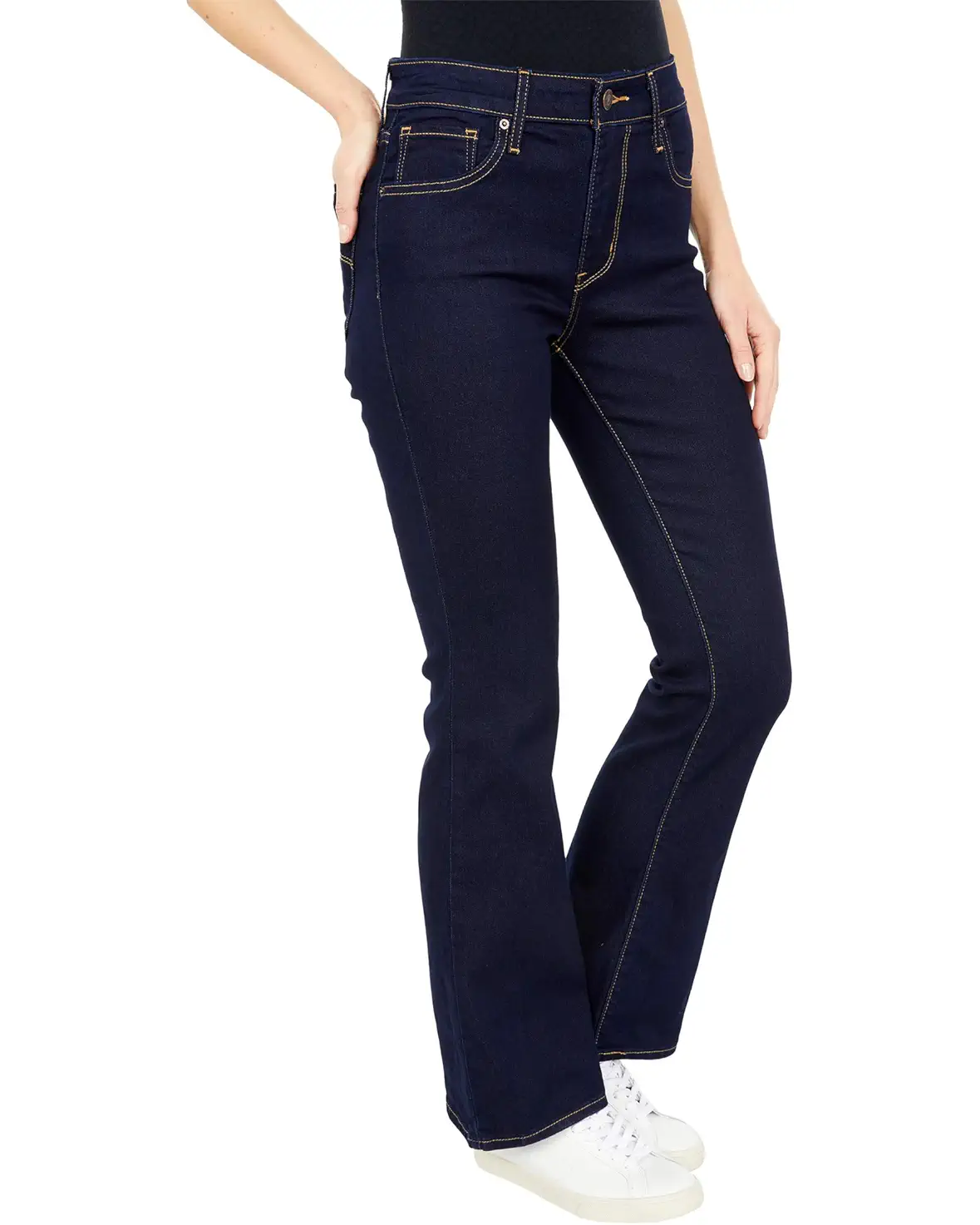 Levi's 725 High-Rise Boot Cut Jeans in dark wash with cast shadow effect, showcasing classic denim fit and style.