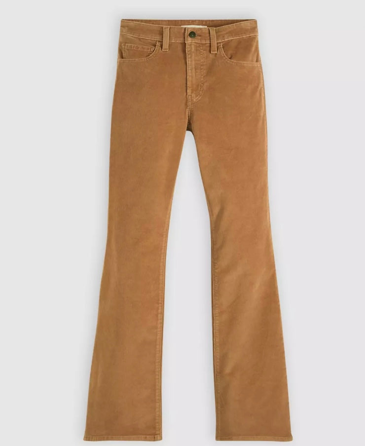 Levi's women's 725 high-rise bootcut corduroy jeans with a classic fit and textured fabric, shown on a model.