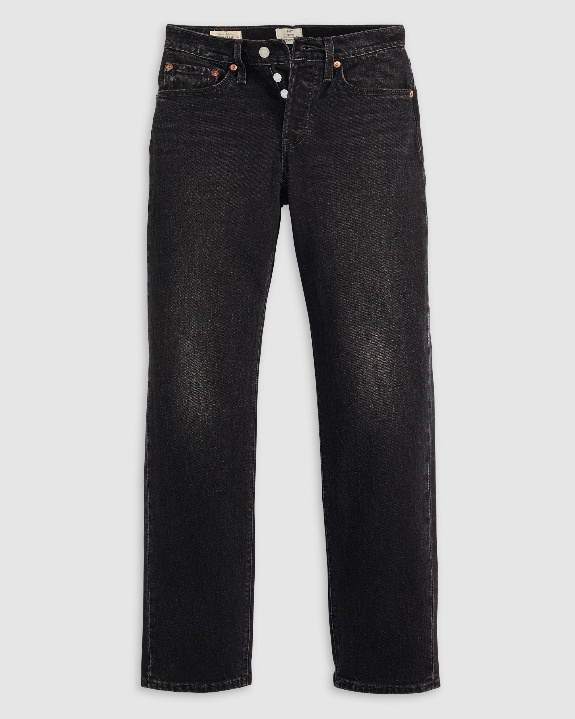Model wearing Levi's 501 Curve women's jeans in Memories Of You black, front view