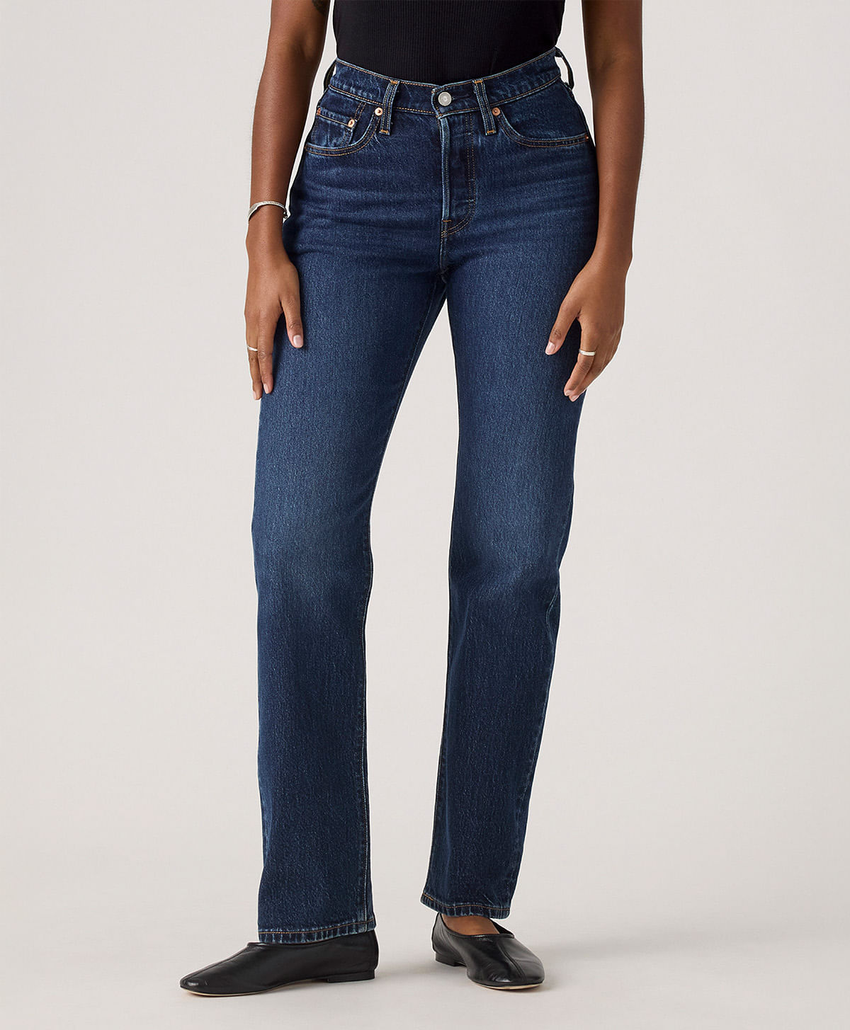 Levi's 501 Curve dark indigo jeans, front fit and wash detail