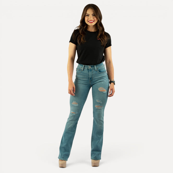 Levi's 725 High-Rise Bootcut Jeans – Crushed It Light Wash, distressed front detail