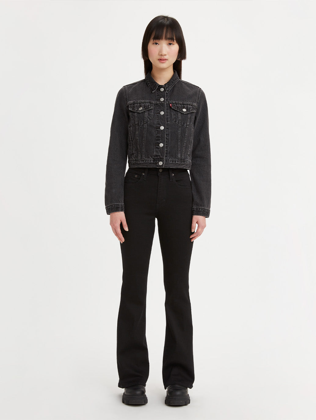 Levi's 726 high-rise flare jeans in Soft Black, full front view on model.