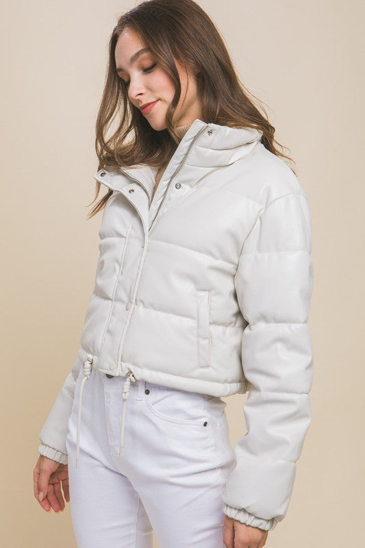 Faux Leather Puffer Jacket With Snap Closure - Vella Moda