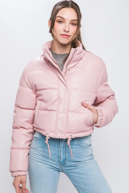 Faux Leather Puffer Jacket With Snap Closure - Vella Moda