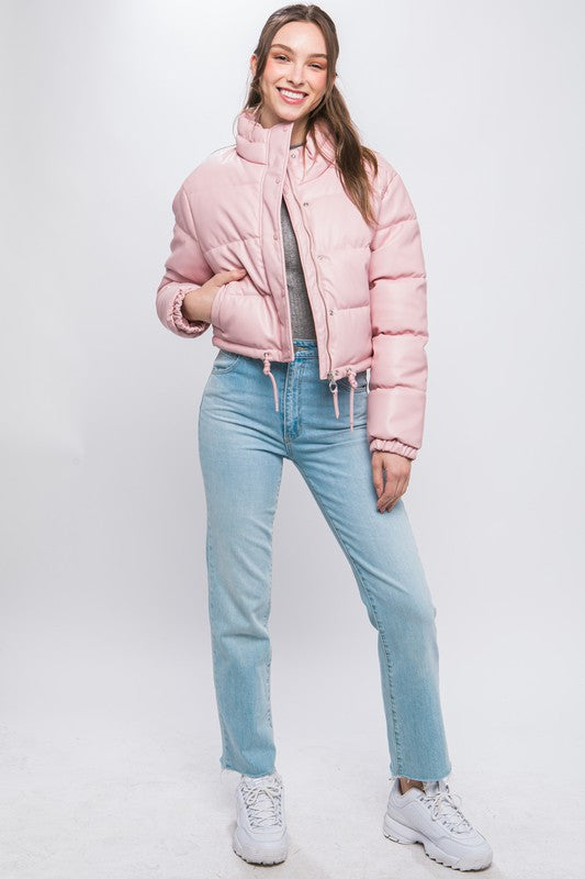 Faux Leather Puffer Jacket With Snap Closure - Vella Moda