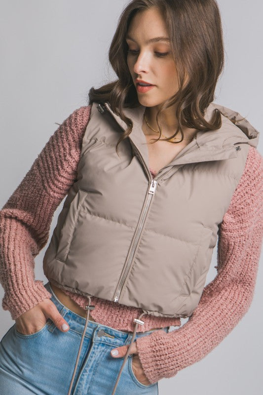 Cropped Puffer Vest with Hood & Adjustable Drawstrings