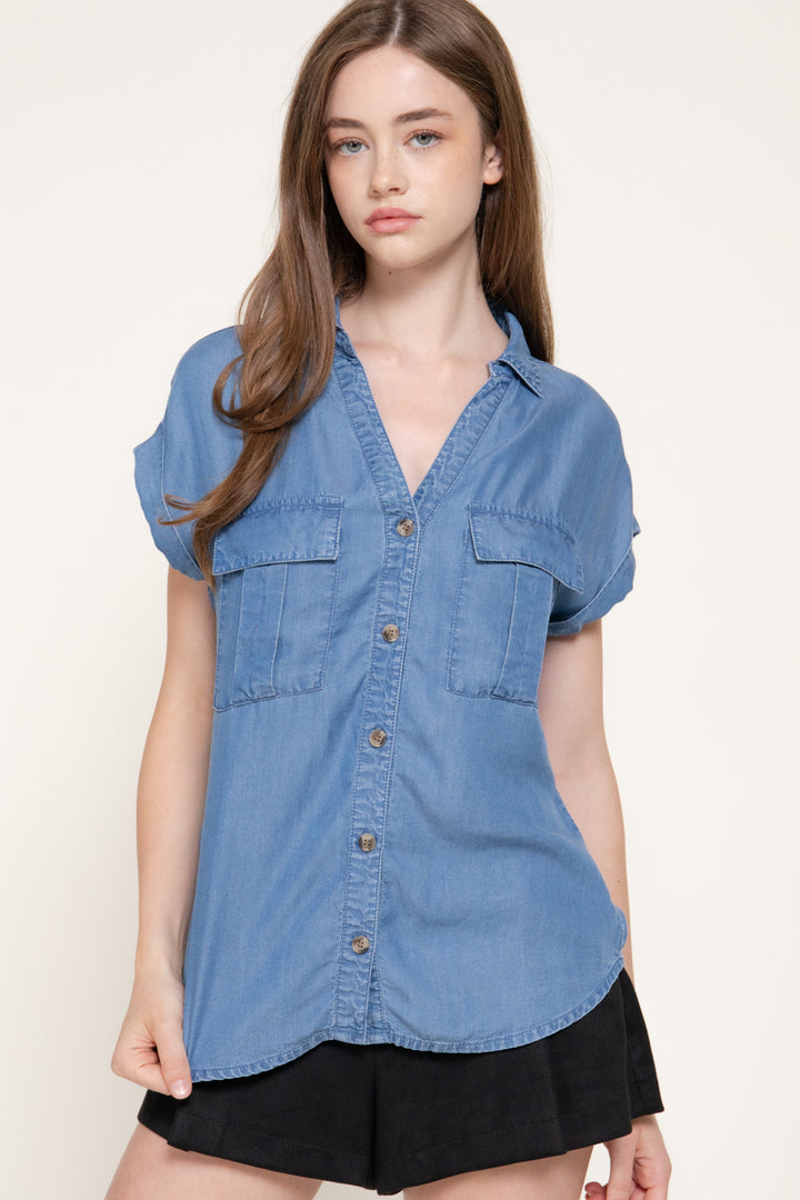 Lyocell Dolman-Sleeve Button-Down Shirt – Medium Denim & Black - Medium Denim