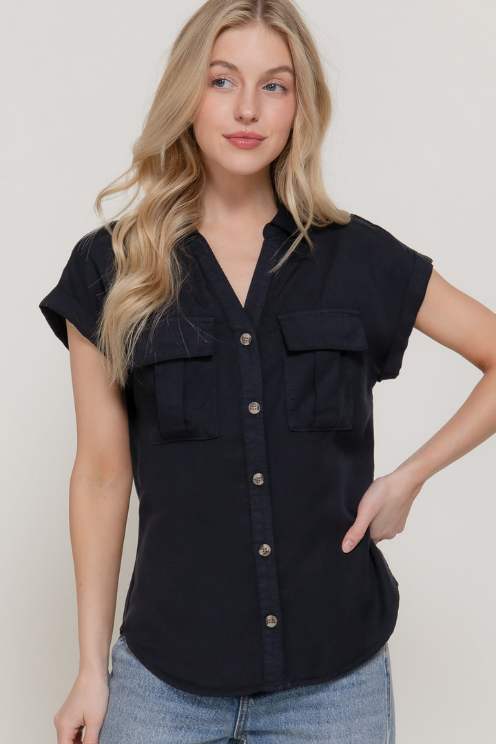 Lyocell Dolman-Sleeve Button-Down Shirt – Medium Denim & Black - Black