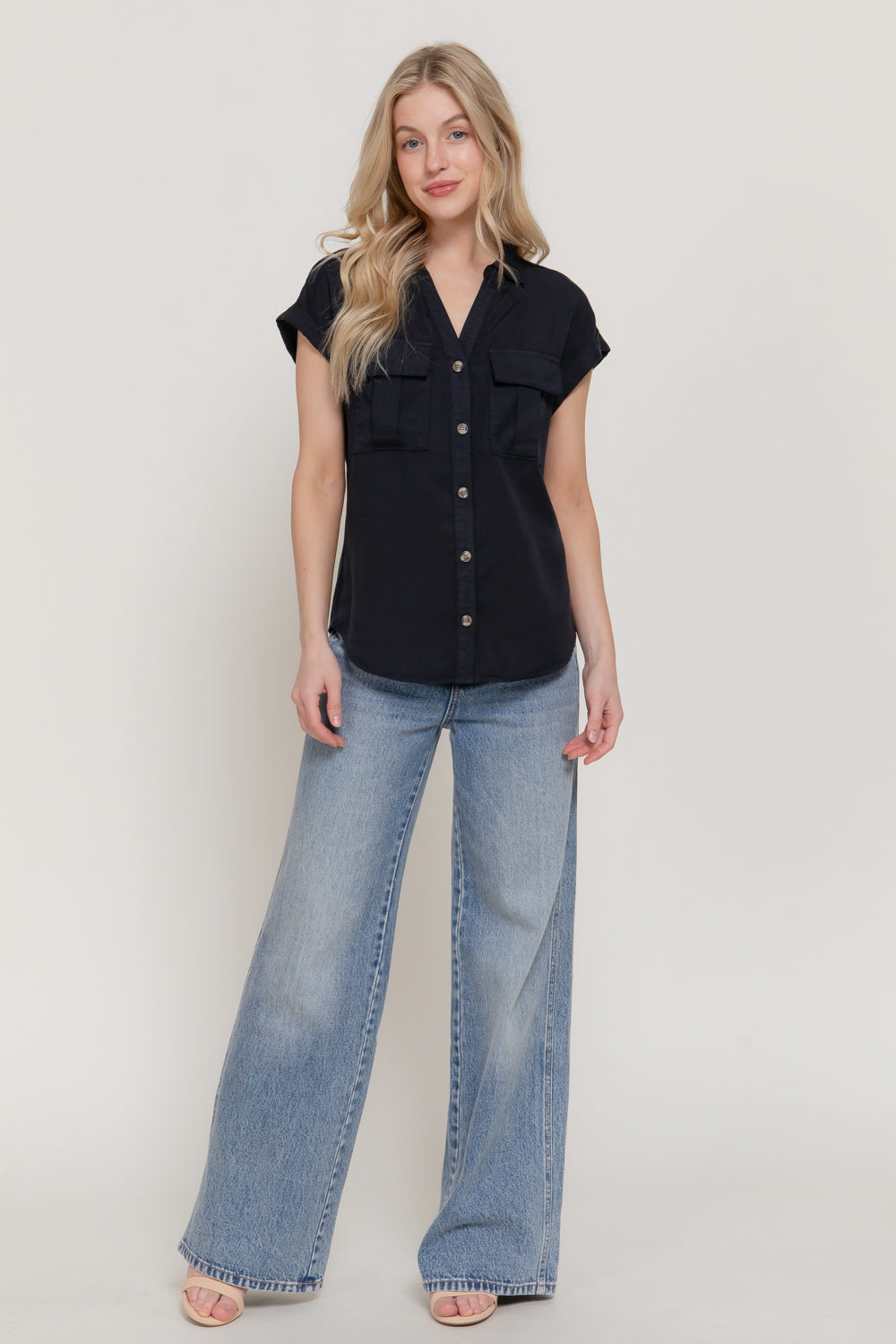 Lyocell Dolman-Sleeve Button-Down Shirt – Medium Denim & Black – Black – View 2
