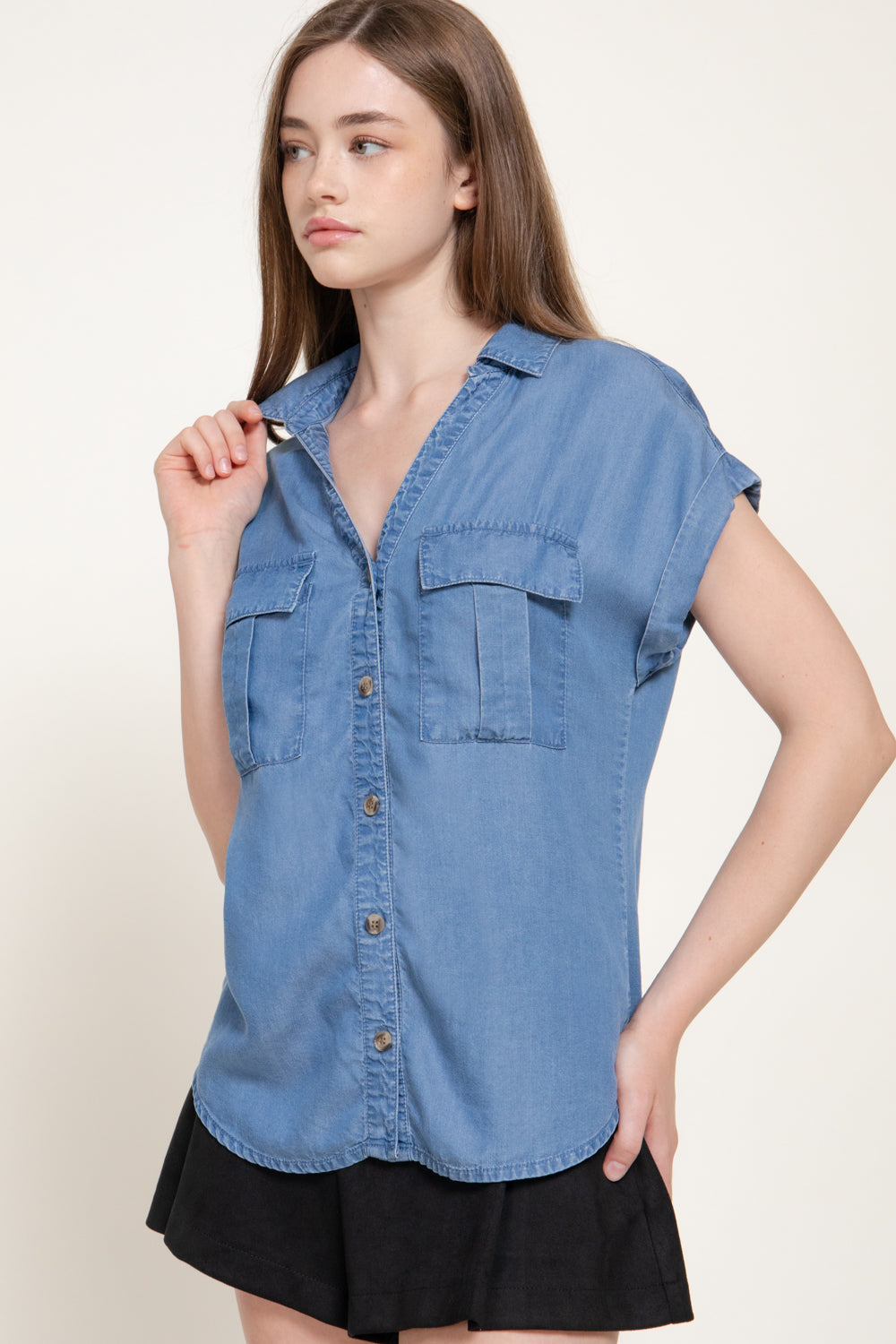 Lyocell Dolman-Sleeve Button-Down Shirt – Medium Denim & Black – Medium Denim – View 3
