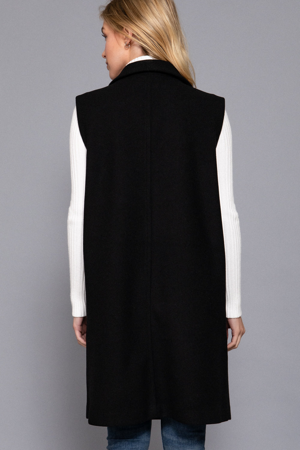Notched-Collar Longline Felt Vest – Black & Dark Beige – Black – View 4