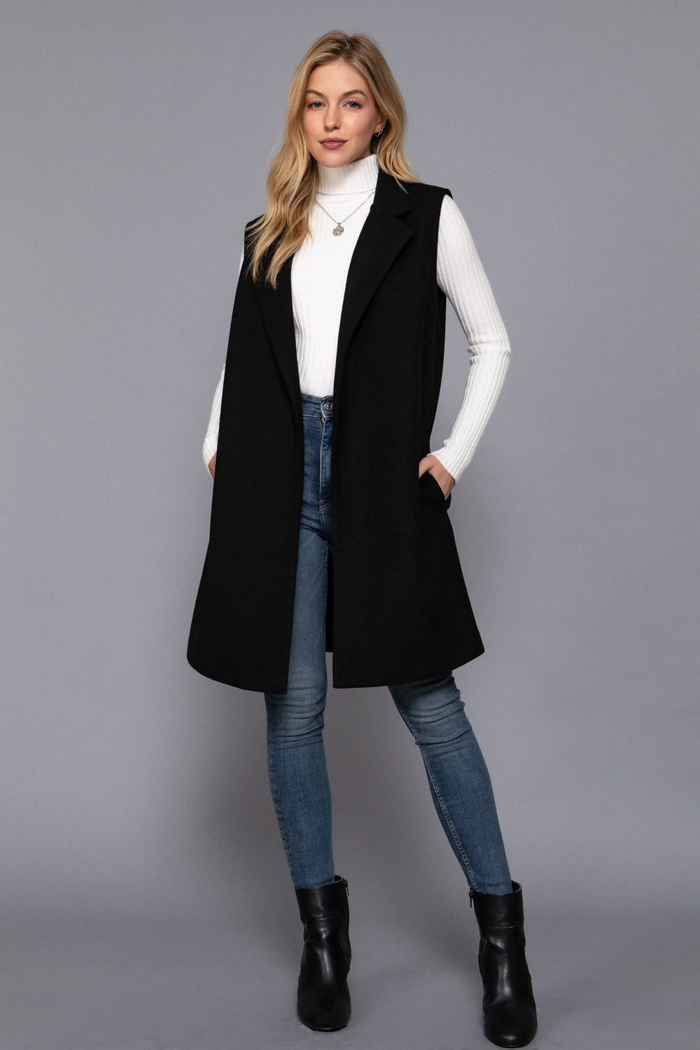 Notched-Collar Longline Felt Vest – Black & Dark Beige – Black – View 5