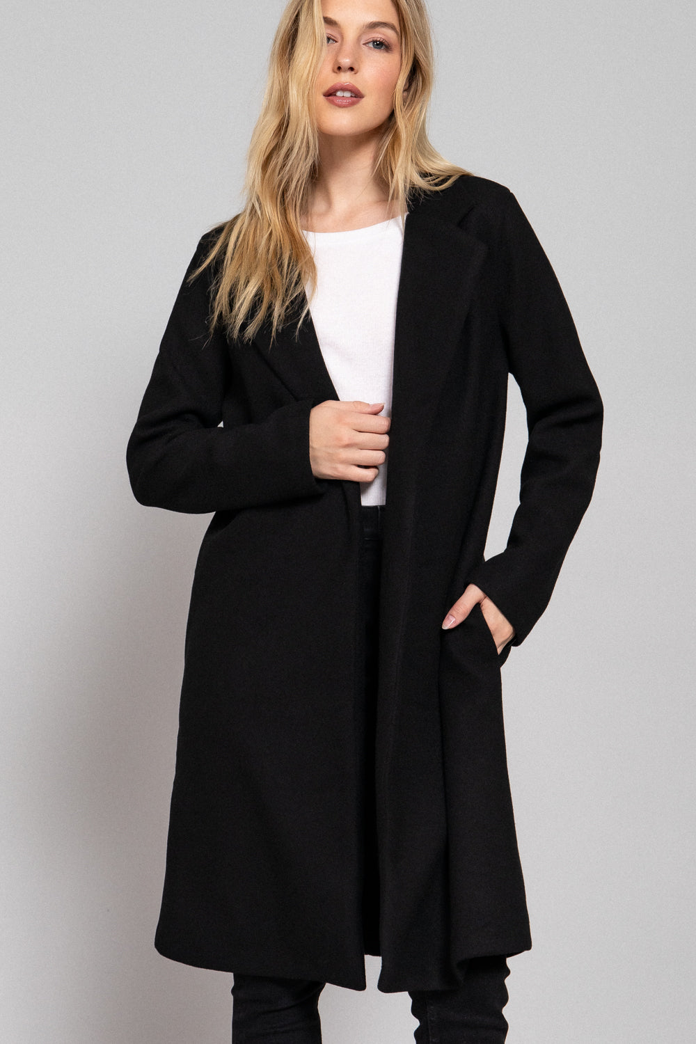 Notched-Collar Open-Front Felt Coat – Black & Heather Gray - Black