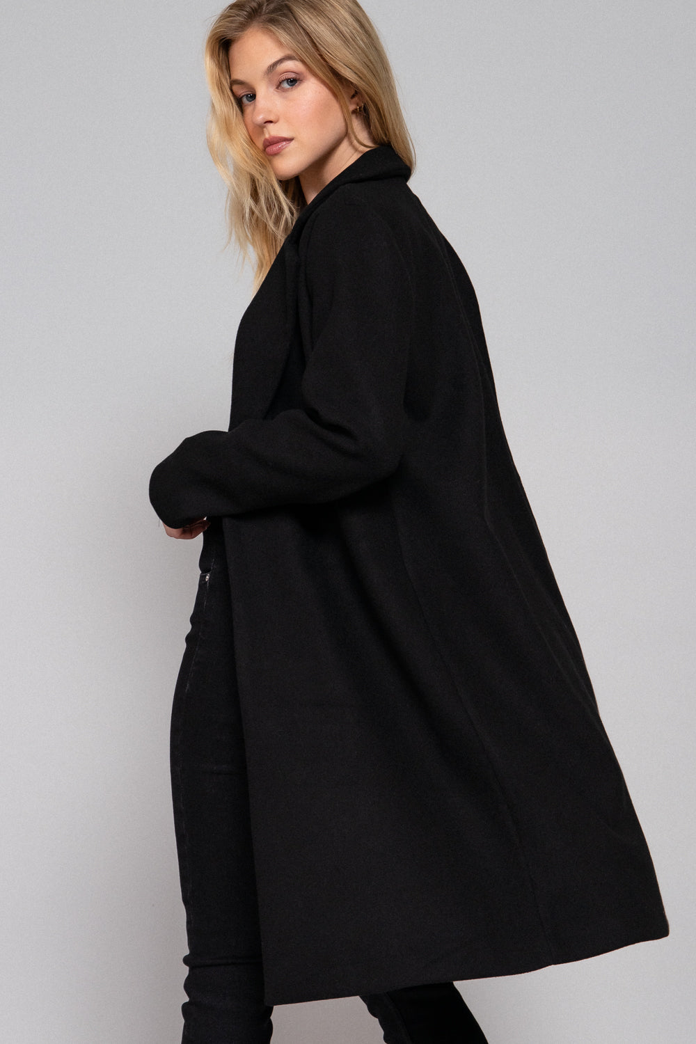 Notched-Collar Open-Front Felt Coat – Black & Heather Gray – Black – View 2