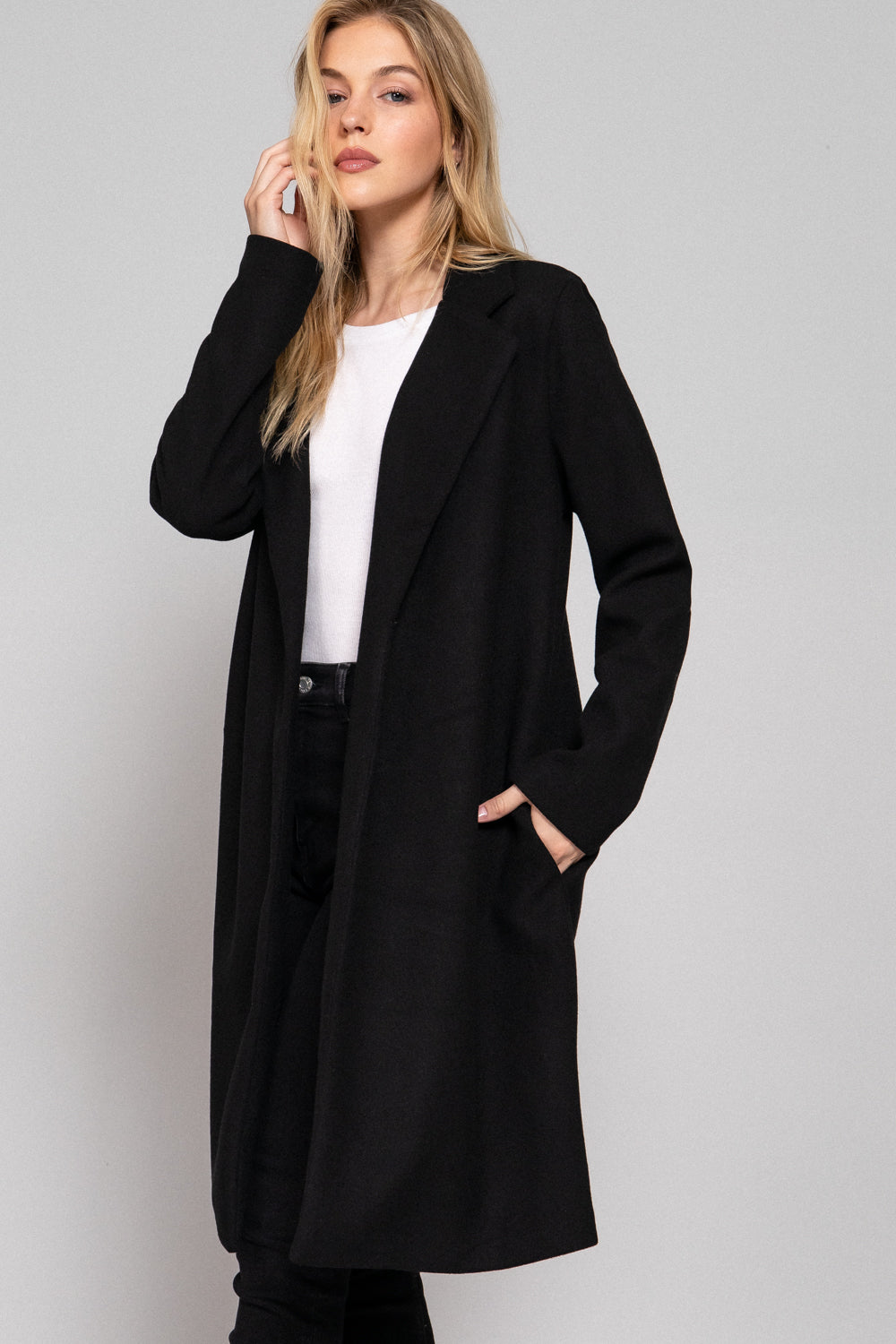 Notched-Collar Open-Front Felt Coat – Black & Heather Gray – Black – View 3