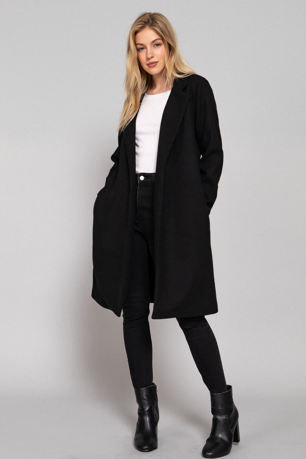 Notched-Collar Open-Front Felt Coat – Black & Heather Gray – Black – View 4