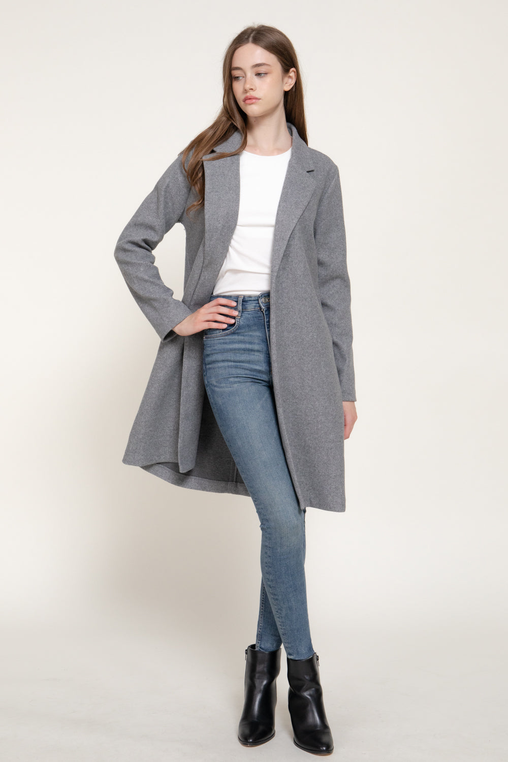 Notched-Collar Open-Front Felt Coat – Black & Heather Gray – H Grey – View 2