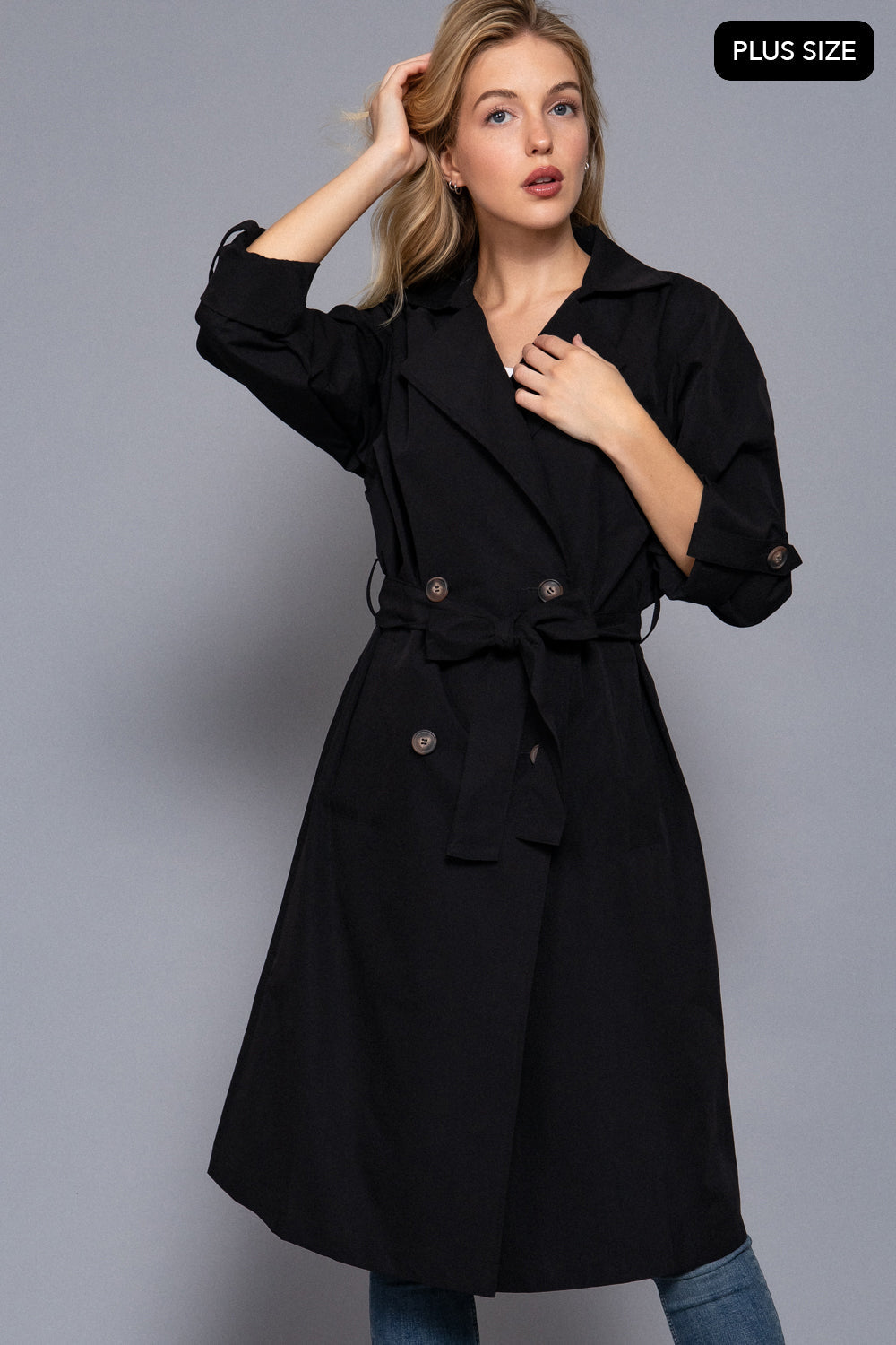 Plus Size Belted Lapel Trench Coat – Black & Light Khaki - Black