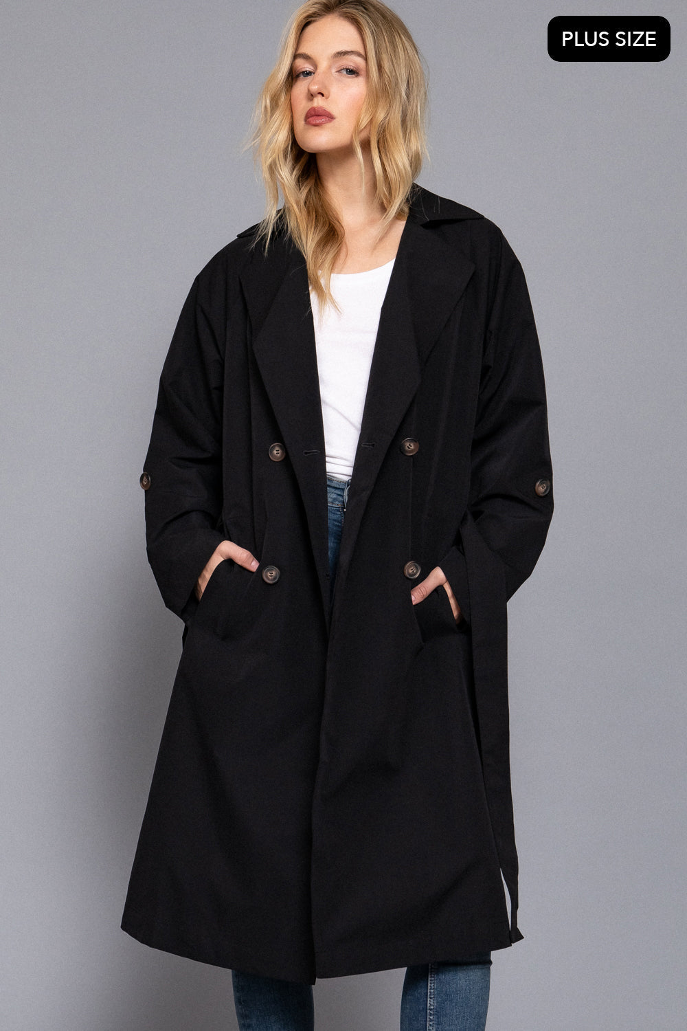 Plus Size Belted Lapel Trench Coat – Black & Light Khaki – Black – View 2