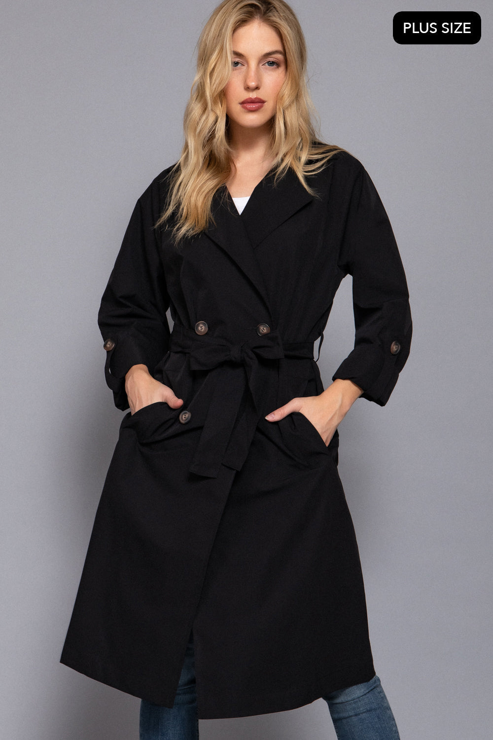 Plus Size Belted Lapel Trench Coat – Black & Light Khaki – Black – View 5