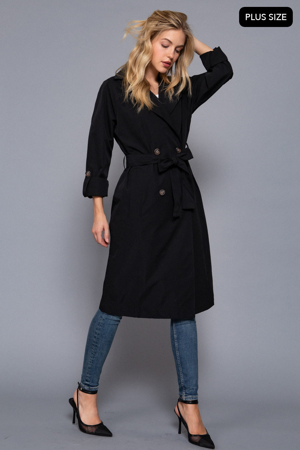 Plus Size Belted Lapel Trench Coat – Black & Light Khaki – Black – View 6