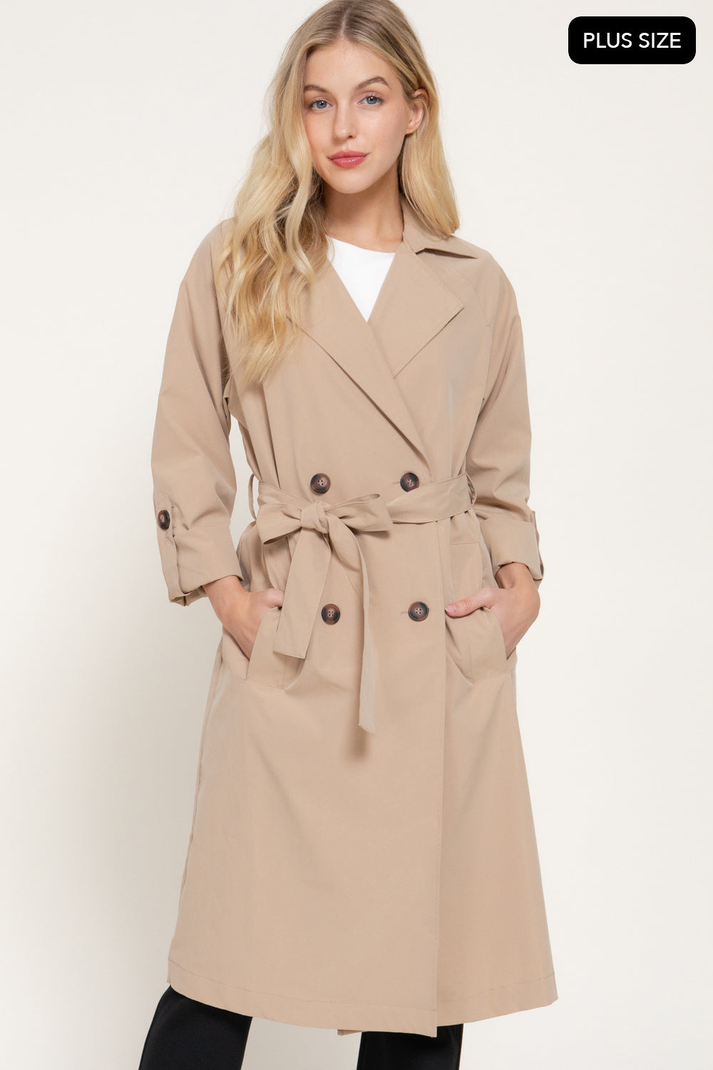 Plus Size Belted Lapel Trench Coat – Black & Light Khaki – Light Khaki – View 3
